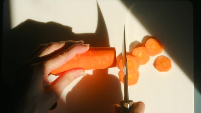 Hands skillfully chopping fresh carrots on wooden cutting knife board. Orange carrots symbolize healthy eating. In kitchen food preparation. Carrots filled with nutrients, elevate culinary creations