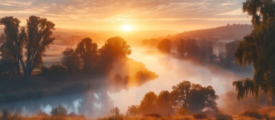 Obraz premium Misty Sunrise Over River Valley
