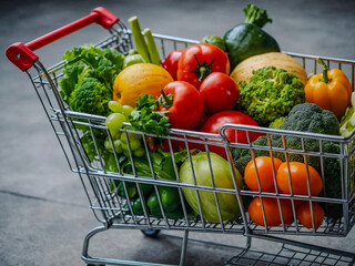 Colorful shopping cart filled with fresh vegetables and fruits for healthy living and meal preparation.