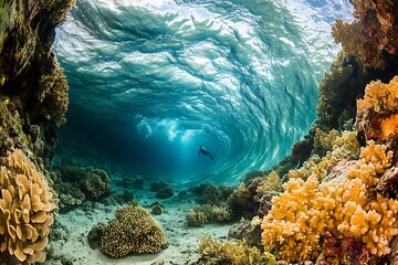 Diver explores underwater coral reef with sunlight and clear water