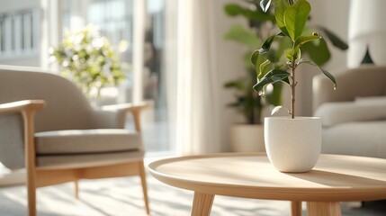 Plant on coffee table, sunny living room