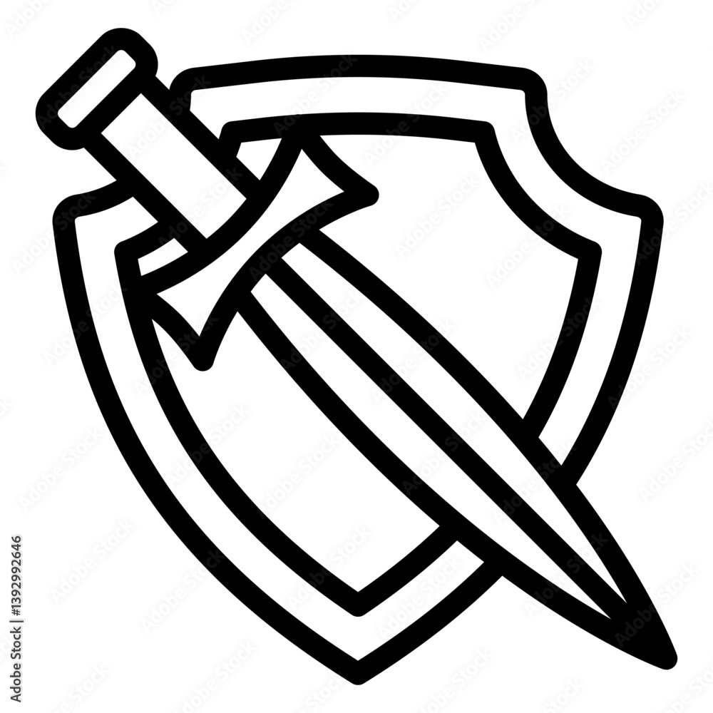Poster sword with shield line icon, medieval weapon concept. vector graphics. medieval sword and armor sign