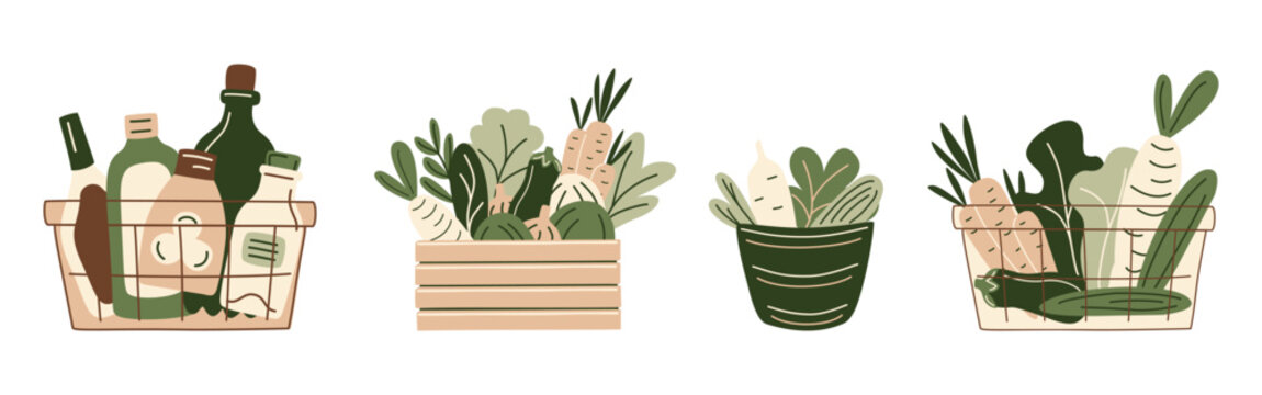 Shopping carts, basket and wooden crate filled with grocery products from a supermarket or farmer market, zero-waste packaging for eco-friendly design. Vector illustration in organic flat style.