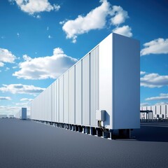 Obraz premium A row of modern, large storage containers under a clear blue sky, showcasing industrial design and a sense of vastness.