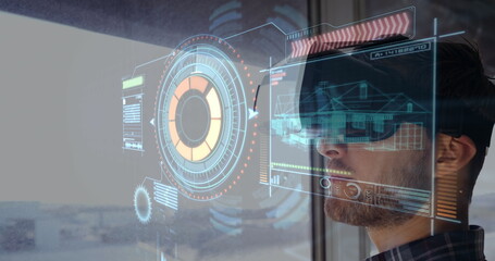 Wearing VR headset, man interacting with futuristic digital interface over architectural designs