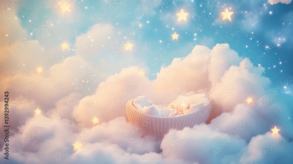 Poster Dreamy cradle nestled in clouds with twinkling stars creating a tranquil bedtime atmosphere