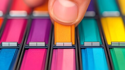 Fingertip Organizing Colorful Tabbed Dividers: Macro Focus on File Arrangement, Document Categorization, and Efficient Workplace Management.