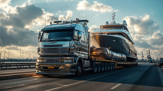 Truck transporting large yacht at port during golden hour with clouds in the sky and boats in the background