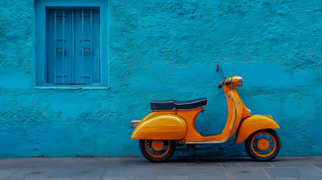 Vintage yellow scooter against a vibrant blue wall  