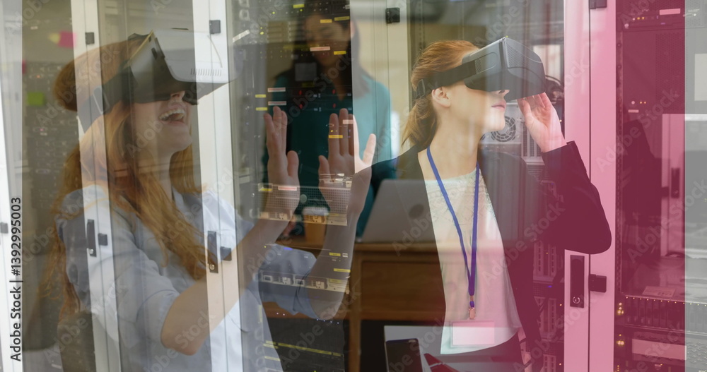 Poster Using virtual reality headset, woman exploring data center image over server racks