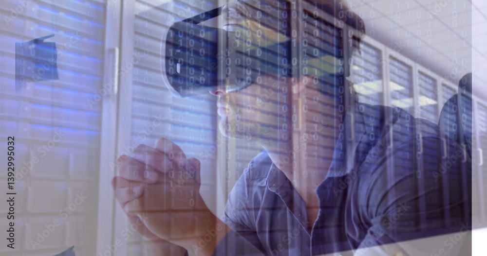 Aufkleber digital composite of businessman using vr while sitting and looking thoughtful in server room agains