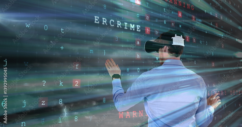 Poster using virtual reality headset, person interacting with cybercrime data and numbers