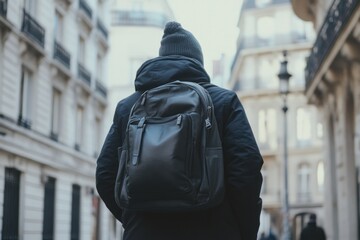 Obraz premium Man with backpack on city street