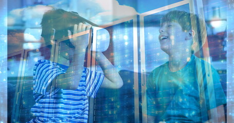 Digital composite of child using VR and laughing with a friend against animated background with serv
