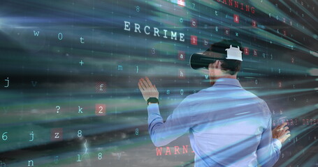 Using virtual reality headset, person interacting with cybercrime data and numbers