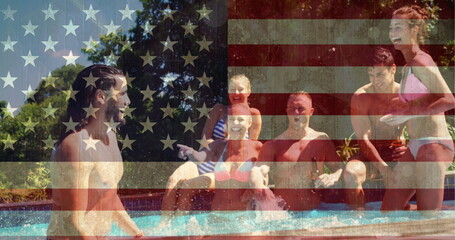 Digital composite of people laughing in the pool against animated american flag background