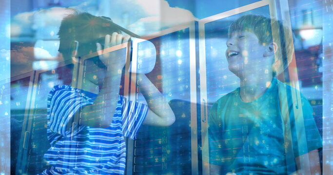 Digital composite of child using VR and laughing with a friend against animated background with serv - Powered by Adobe