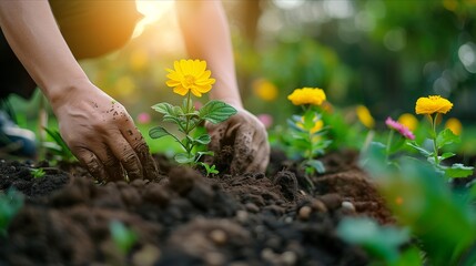 A gardener planting vibrant yellow flowers in rich soil under sunlight, showcasing love for nature and gardening.