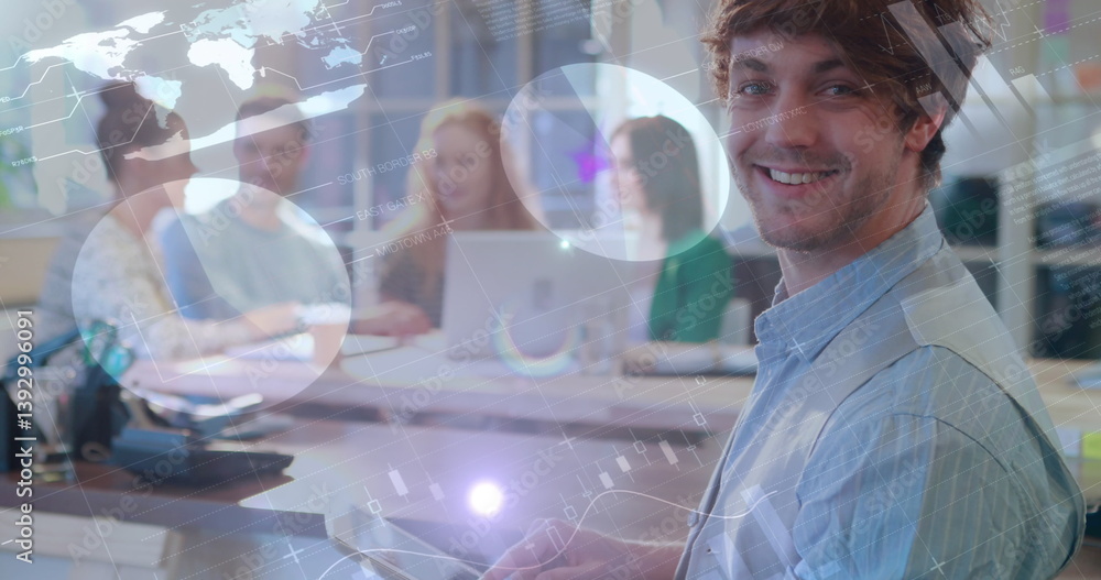 Poster image of graphs, data and digital interface over smiling man using tablet computer in casual office
