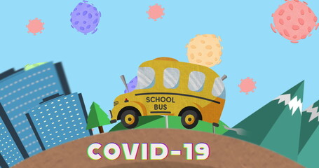 Image of Covid-19 text and school bus driving to school with coronavirus cells spreading