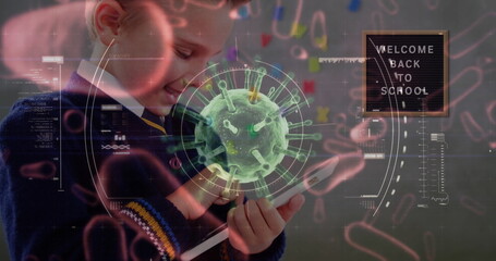 Image of Covid 19 coronavirus cell spinning, scope scanning with Welcome Back To School over schoolb