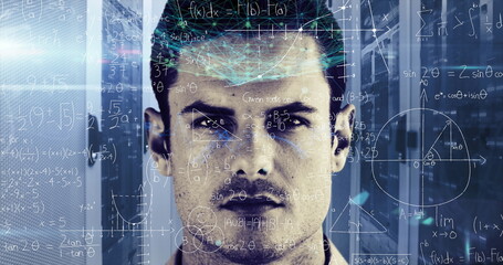 Image of handwritten mathematical equations, data and digital interface moving over portrait of Cauc