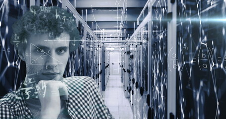 Image of handwritten mathematical equations, molecules and elements moving over man leaning and look