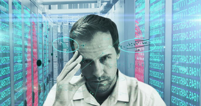 Image of handwritten mathematical equations, data processing and digital interface over man touching