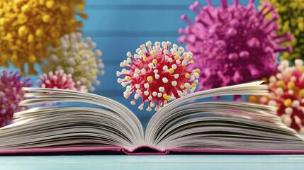 Present an open book with pages turning, showcasing vibrant blue illustrations of health initiatives and community resilience.