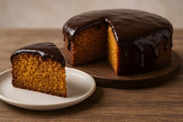 Delicious carrot cake with glossy chocolate icing. A moist slice served on a white plate highlights its rich texture. Perfect homemade dessert on rustic wooden background.