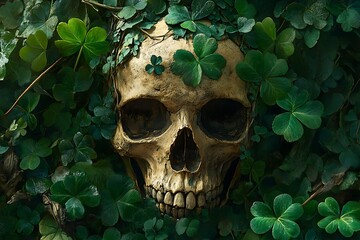 A human skull covered in flourishing green shamrock plants