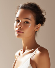 Beauty portrait of woman with glowing skin on beige background.