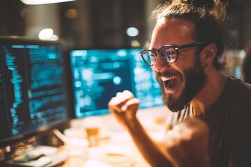 A joyous moment as a coder celebrates success at his desk