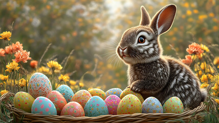 A cute bunny with colorful eggs in a spring basket celebrates the Easter holiday tradition