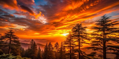Fototapeta premium A Breathtaking Lebanese Sunset Long Exposure Photography Captures the Majesty of a Cedar Forest