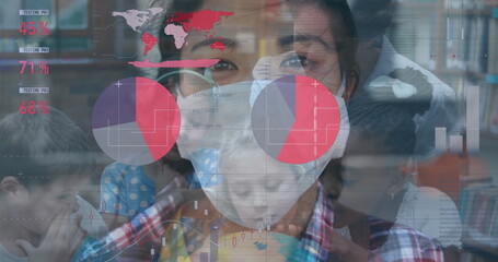 Children wearing masks in classroom, learning with digital graphs overlayed