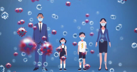 Wearing masks, family standing together with virus illustrations, staying safe