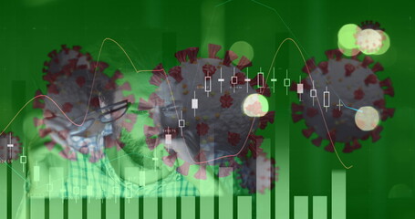 Analyzing stock market graphs, masked individuals with coronavirus illustrations overlay