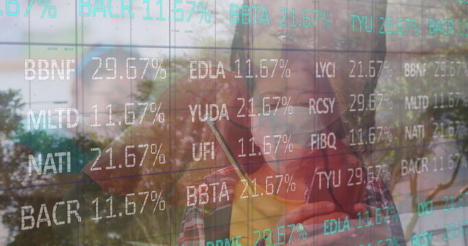 Analyzing stock market data on transparent screen, person wearing mask focused