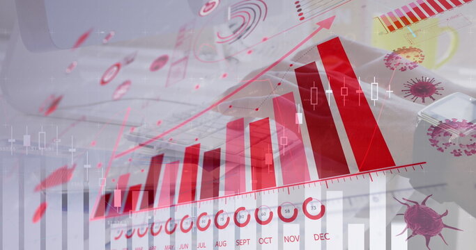 Image of a digital interface with graphs and statistics and Coronavirus cells spreading over a perso