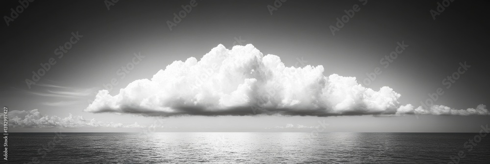 Poster Dramatic black and white clouds loom over the empty horizon of a tranquil ocean at midday, creating a minimalist sky landscape