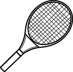Simple line art of a tennis racket with crisscross strings. Minimalist tennis racket sketch in black and white. Clean outline illustration of a classic tennis racket.