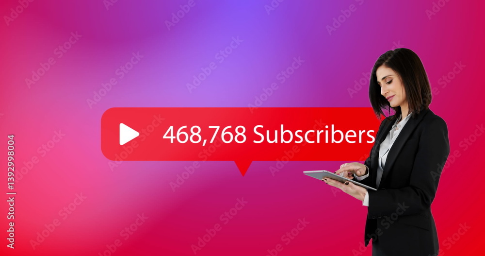 Poster image of digital interface subscribers text with growing numbers on red speech bubble over woman usi