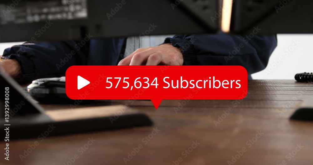 Poster image of digital interface subscribers text with growing numbers on red speech bubble over man using