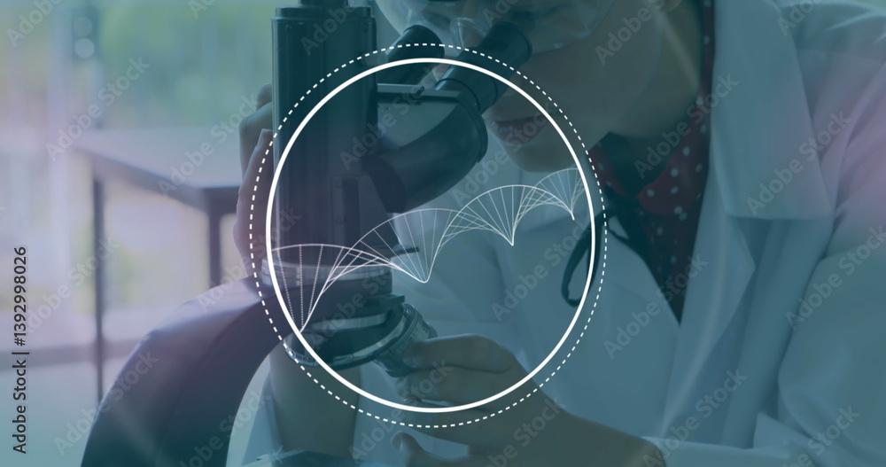 Poster image of 3d dna strand spinning with scope and female scientist using microscope in laboratory