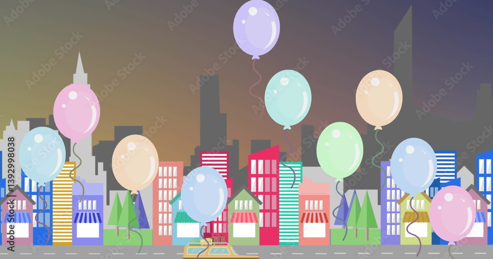 Poster image of multiple colourful balloons floating over modern cityscape moving on seamless loop in the b