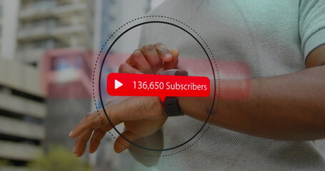 Image of digital interface Subscribers text with growing numbers on red speech bubble over man using