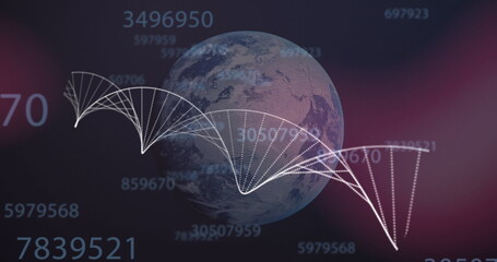 Image of 3d DNA strand spinning over globe and changing numbers
