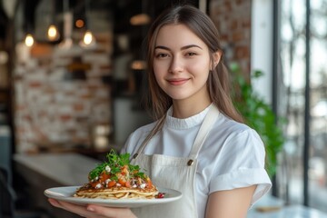 Young woman with blini in white apron, smiling in cafe with brick walls. Concept of joy and culinary satisfaction with blini, highlighting traditional Russian pancakes.
