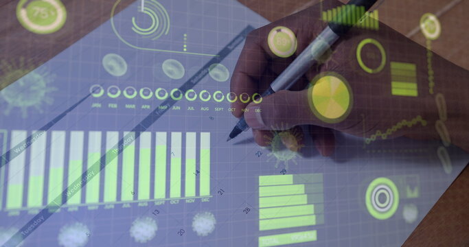 Image of Covid 19 cells and statistics showing cases over person writing